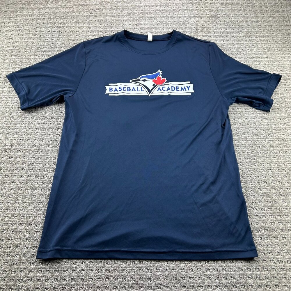 Blue Jays Academy T-Shirt Men Large L Navy Blue Graphic Print Polyester Baseball